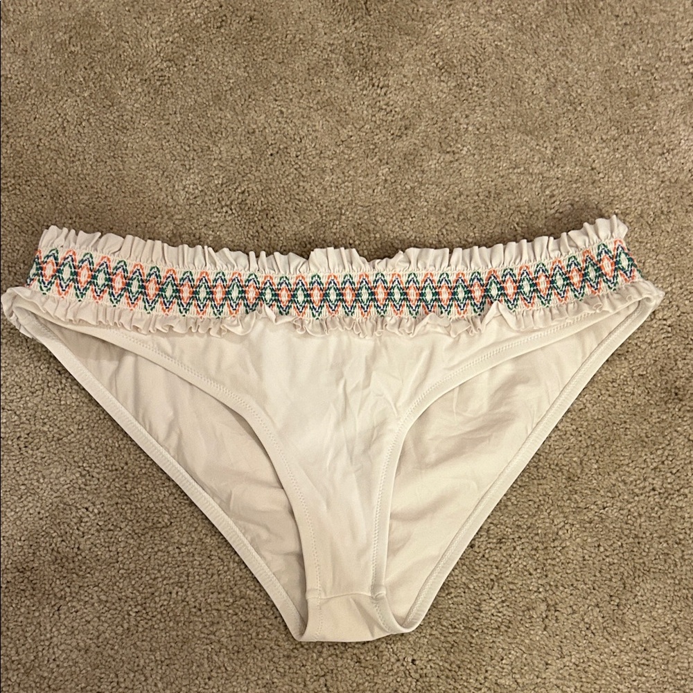 Tory Burch White Bikini Bottom with Orange, Blue and Green Smocked Waist